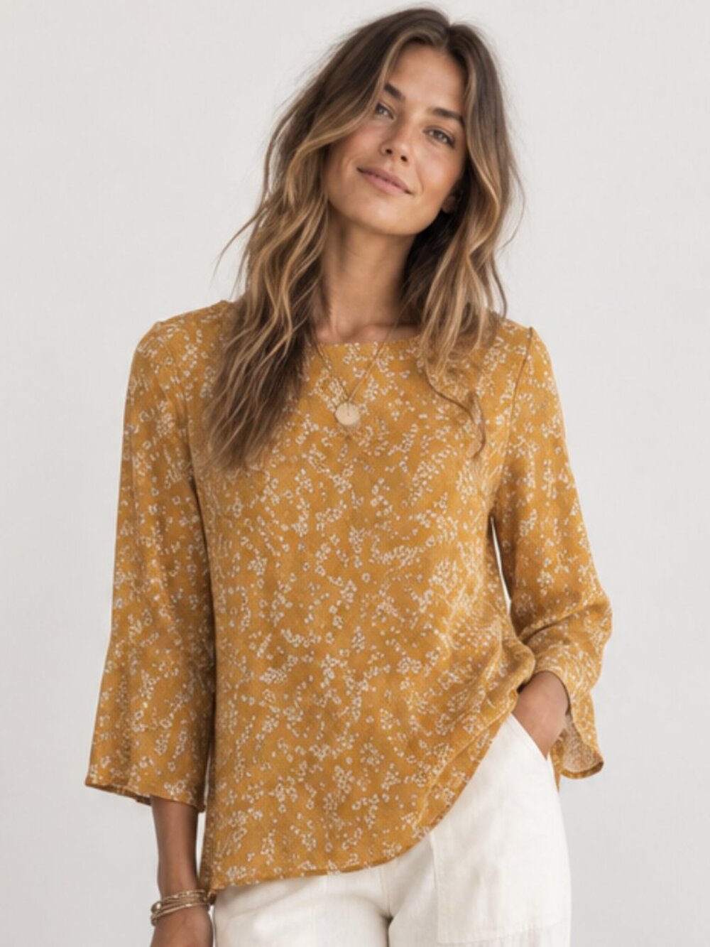 ANTHROPOLOGIE HD in Paris Eira Floral Blouse Mustard Yellow Chiffon 3/4 Sleeve 6